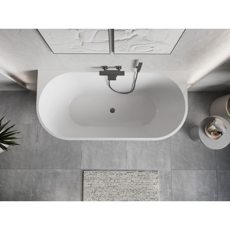 Mexen Oris wanna wolnostojąca przyścienna ryflowana 150 x 75 cm, biała/czarna, przelew gun metal - 52871507575-95