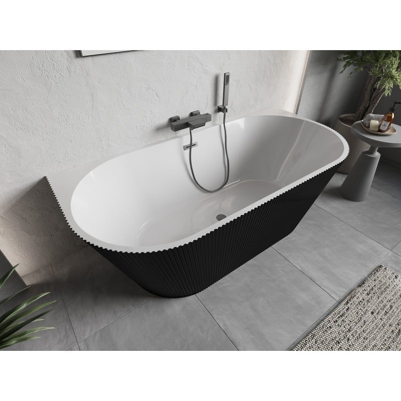 Mexen Oris wanna wolnostojąca przyścienna ryflowana 150 x 75 cm, biała/czarna, przelew gun metal - 52871507575-95