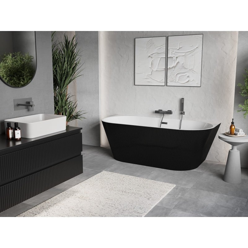 Mexen Oris wanna wolnostojąca przyścienna ryflowana 150 x 75 cm, biała/czarna, przelew gun metal - 52871507575-95