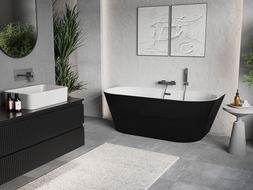 Mexen Oris wanna wolnostojąca przyścienna ryflowana 150 x 75 cm, biała/czarna, przelew gun metal - 52871507575-95