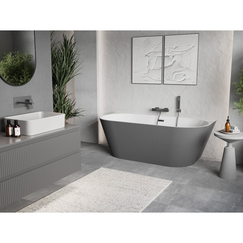 Mexen Oris wanna wolnostojąca przyścienna ryflowana 170 x 80 cm, biała/szara, przelew gun metal - 52871708062-95