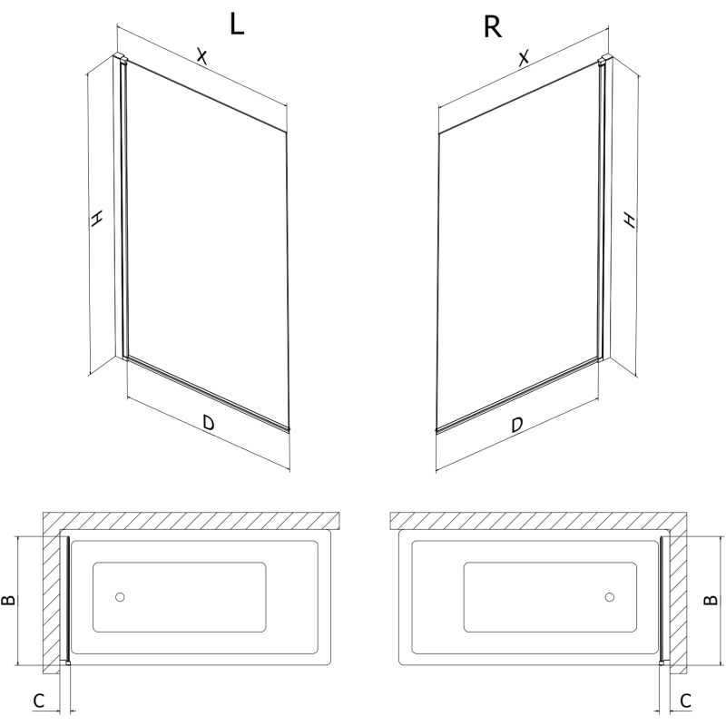 Mexen Mist parawan nawannowy 1-skrzydłowy lewy 70 x 150 cm, czarna kratka, czarny - 8A9-070-001-70-77-L
