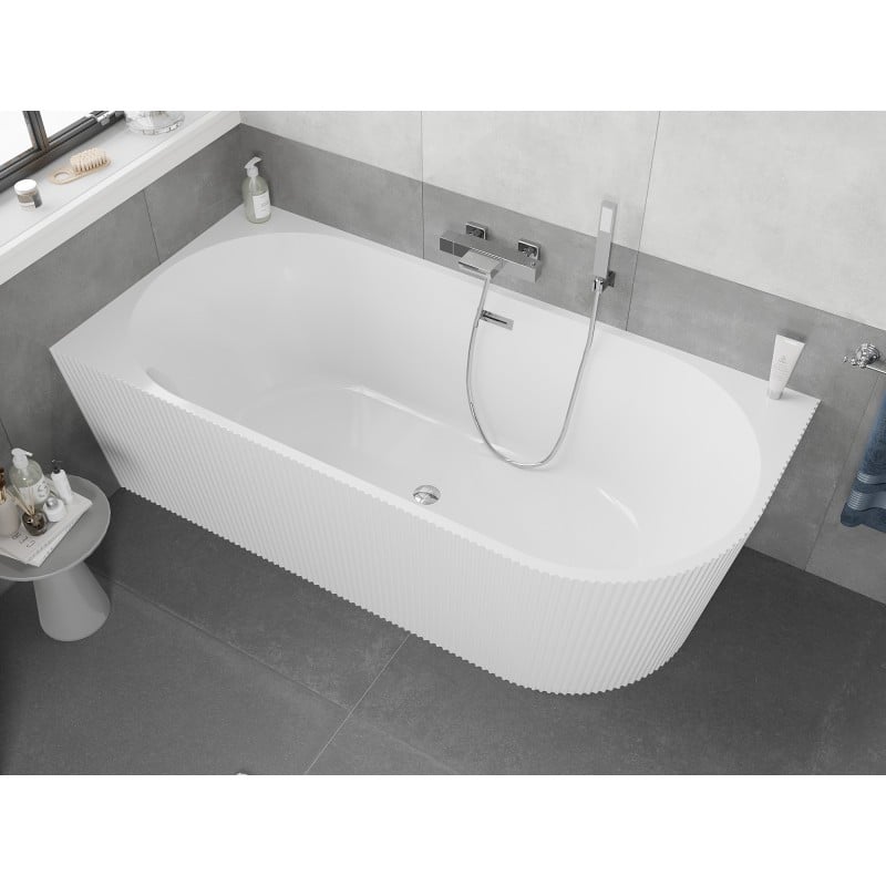 Mexen Silo wanna wolnostojąca narożna lewa ryflowana  150 x 75 cm, biała, przelew chrom - 52891507500L-01