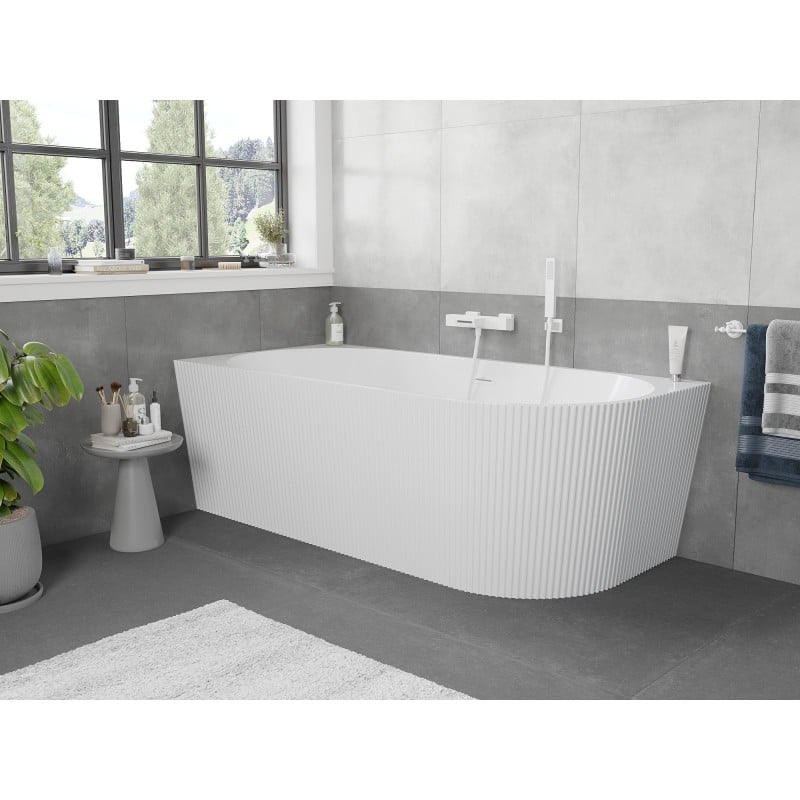 Mexen Silo wanna wolnostojąca narożna lewa ryflowana  150 x 75 cm, biała, przelew biały - 52891507500L-20