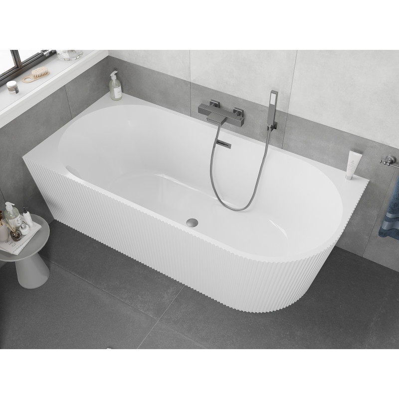 Mexen Silo wanna wolnostojąca narożna lewa ryflowana  150 x 75 cm, biała, przelew gun gray szczotkowany - 52891507500L-66