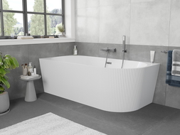 Mexen Silo wanna wolnostojąca narożna lewa ryflowana  150 x 75 cm, biała, przelew gun metal - 52891507500L-95