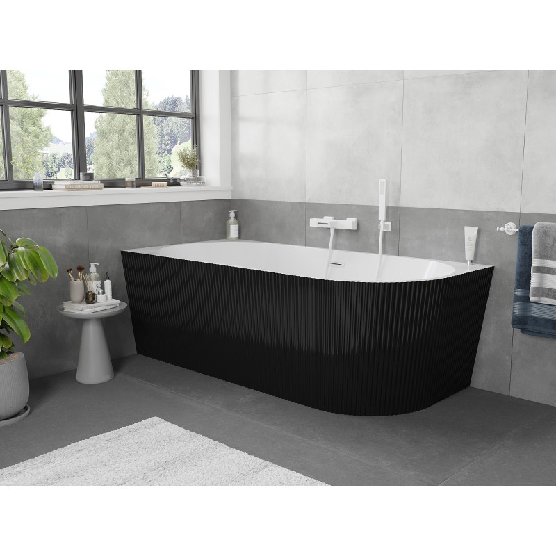 Mexen Silo wanna wolnostojąca narożna lewa ryflowana  150 x 75 cm, biała/czarna, przelew biały- 52891507575L-20