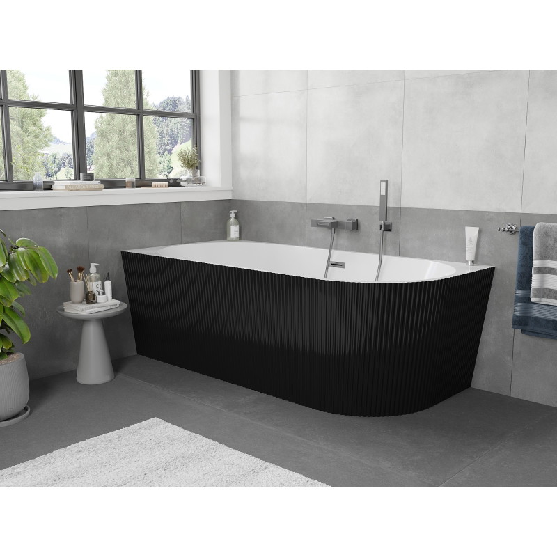Mexen Silo wanna wolnostojąca narożna lewa ryflowana  150 x 75 cm, biała/czarna, przelew gun gray szczotkowany - 52891507575L-66
