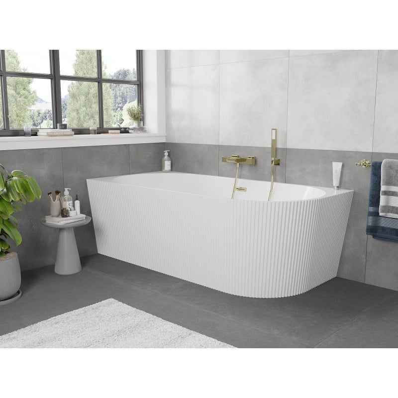 Mexen Silo wanna wolnostojąca narożna lewa ryflowana  170 x 80 cm, biała, przelew złoty szczotkowany - 52891708000L-55
