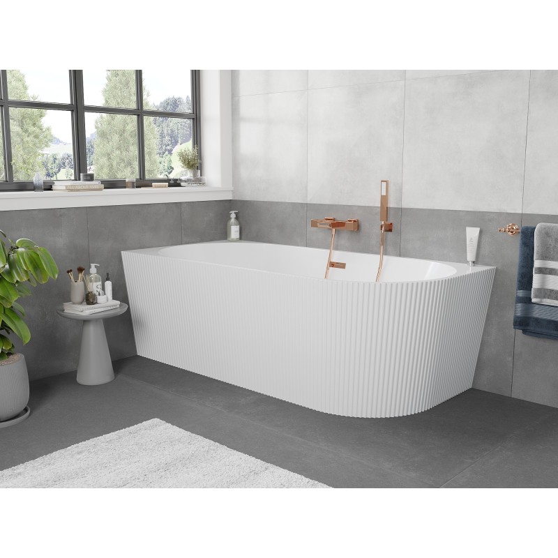 Mexen Silo wanna wolnostojąca narożna lewa ryflowana  170 x 80 cm, biała, przelew różowe złoto - 52891708000L-60