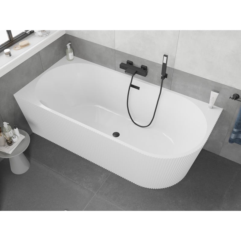 Mexen Silo wanna wolnostojąca narożna lewa ryflowana  170 x 80 cm, biała, przelew czarny - 52891708000L-70