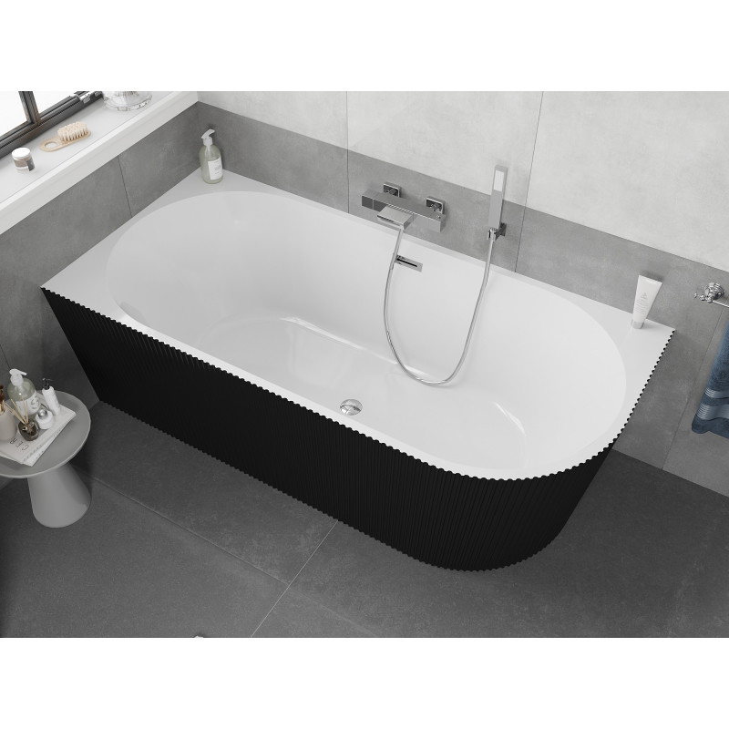 Mexen Silo wanna wolnostojąca narożna lewa ryflowana  170 x 80 cm, biała/czarna, przelew chrom - 52891708075L-01