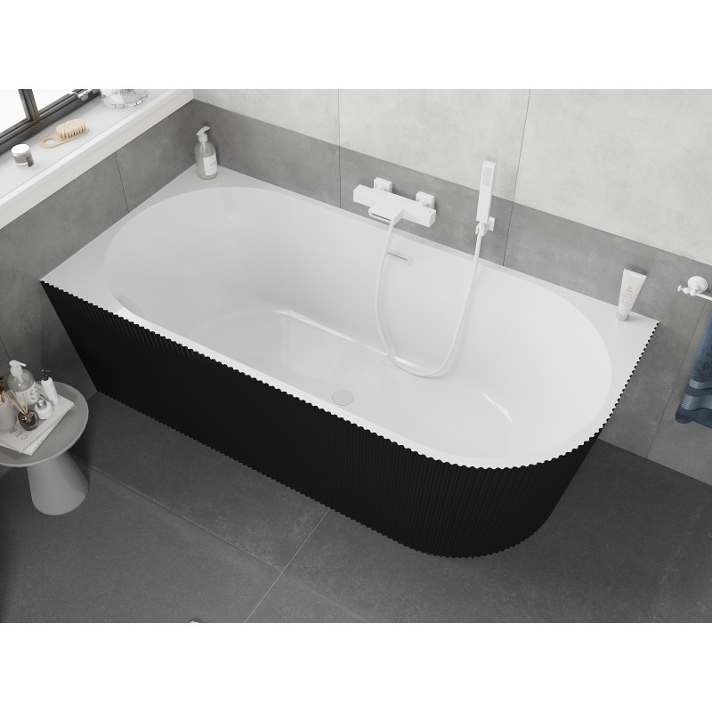 Mexen Silo wanna wolnostojąca narożna lewa ryflowana  170 x 80 cm, biała/czarna, przelew biały - 52891708075L-20