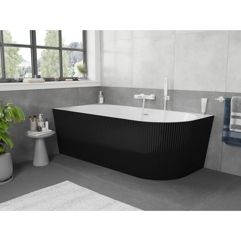Mexen Silo wanna wolnostojąca narożna lewa ryflowana  170 x 80 cm, biała/czarna, przelew biały - 52891708075L-20