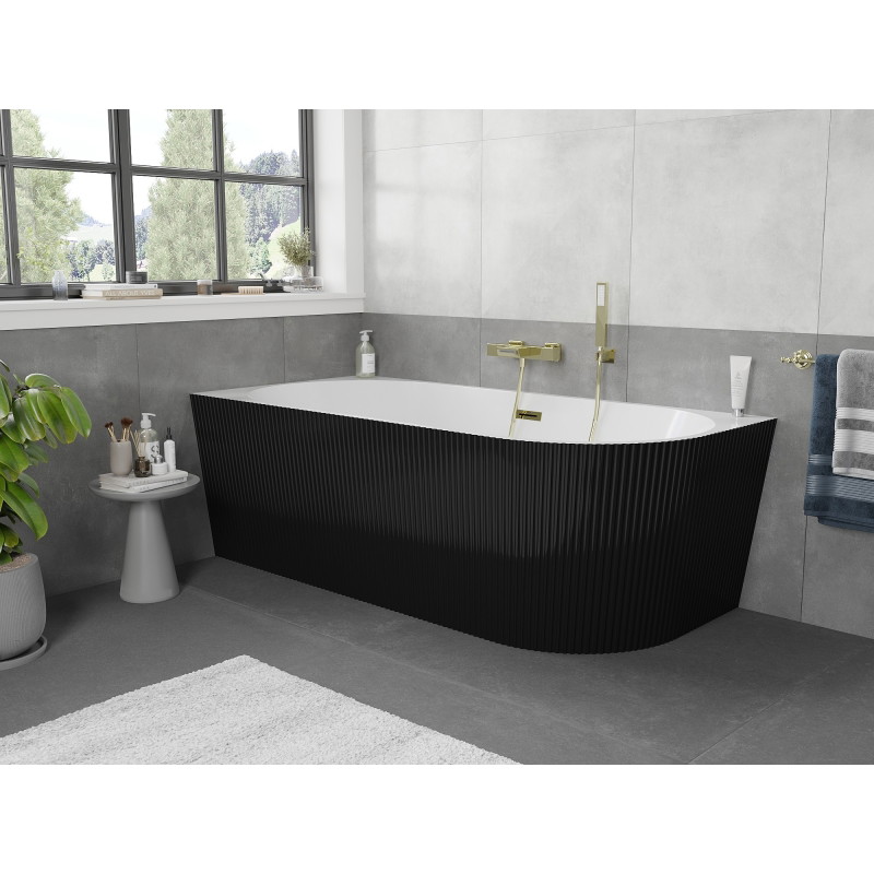Mexen Silo wanna wolnostojąca narożna lewa ryflowana  170 x 80 cm, biała/czarna, przelew złoty - 52891708075L-50