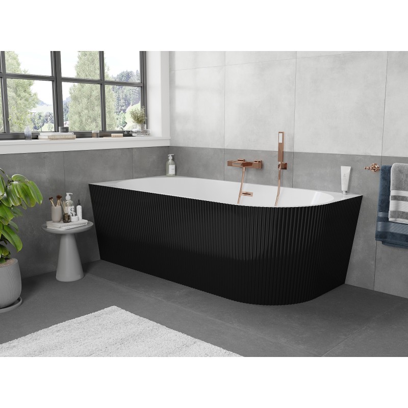 Mexen Silo wanna wolnostojąca narożna lewa ryflowana  170 x 80 cm, biała/czarna, przelew miedź szczotkowana - 52891708075L-65