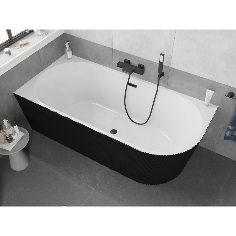 Mexen Silo wanna wolnostojąca narożna lewa ryflowana  170 x 80 cm, biała/czarna, przelew czarny - 52891708075L-70