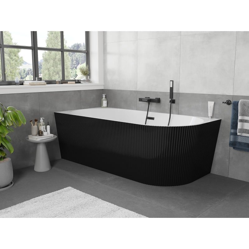 Mexen Silo wanna wolnostojąca narożna lewa ryflowana  170 x 80 cm, biała/czarna, przelew czarny - 52891708075L-70