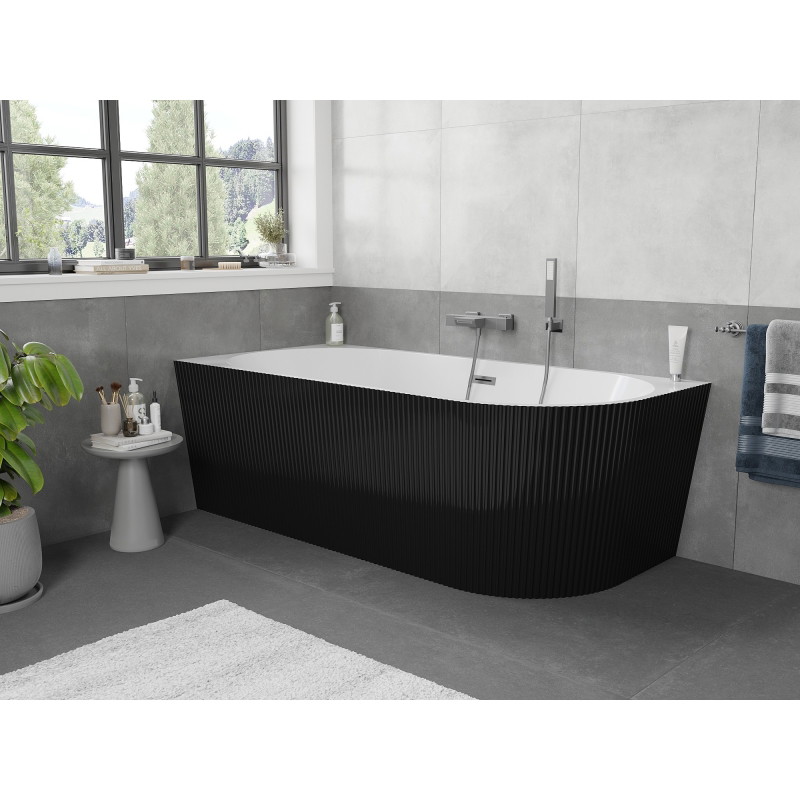 Mexen Silo wanna wolnostojąca narożna lewa ryflowana  170 x 80 cm, biała/czarna, przelew gun metal - 52891708075L-95