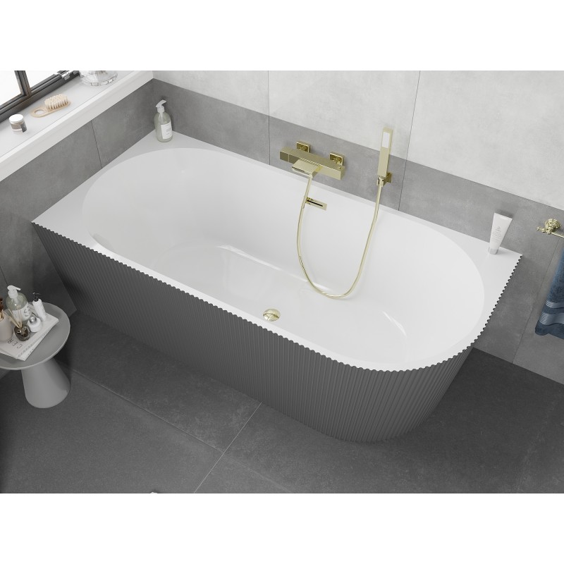 Mexen Silo wanna wolnostojąca narożna lewa ryflowana  150 x 75 cm, biała/szara, przelew złoty - 52891507562L-50