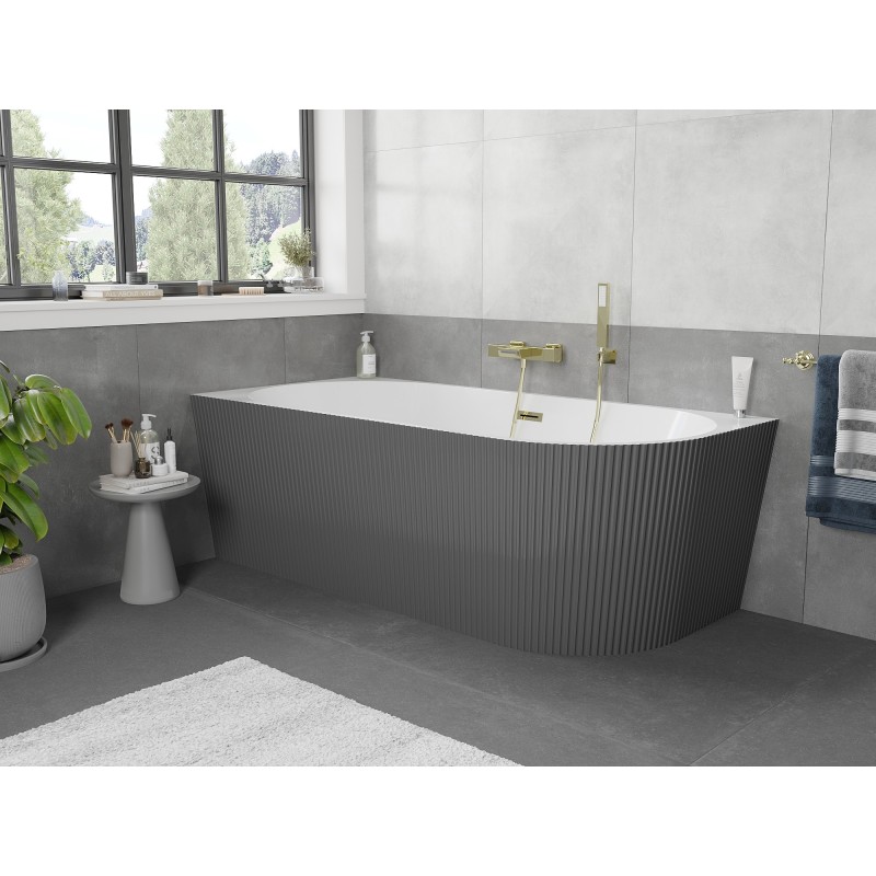 Mexen Silo wanna wolnostojąca narożna lewa ryflowana  150 x 75 cm, biała/szara, przelew złoty - 52891507562L-50