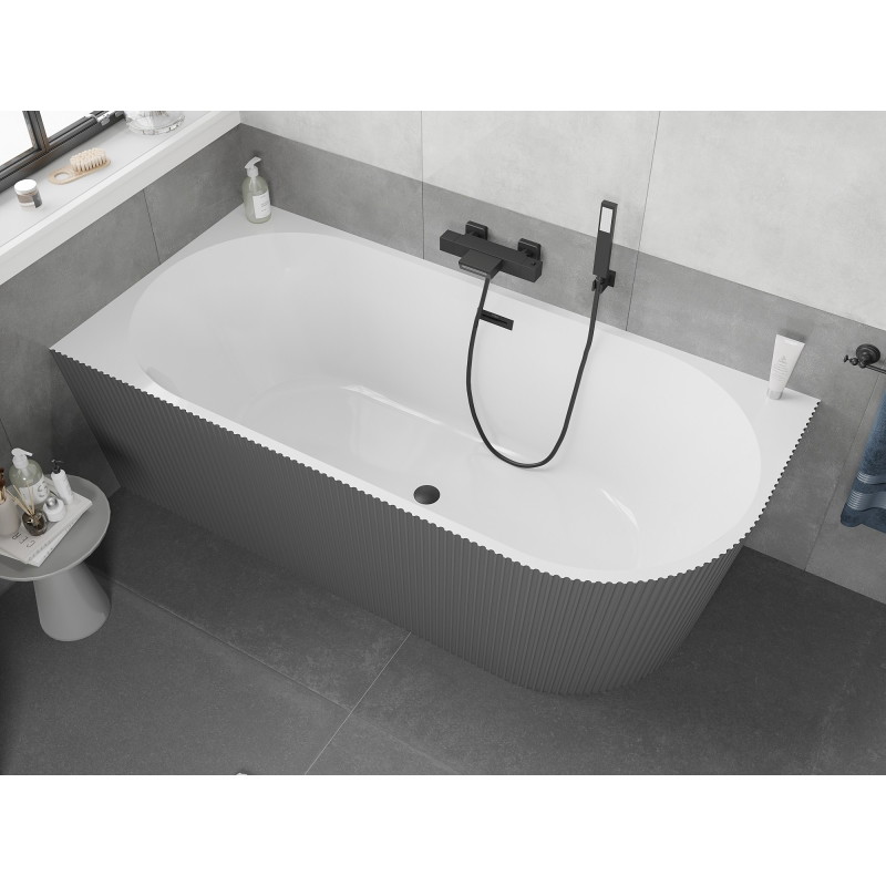 Mexen Silo wanna wolnostojąca narożna lewa ryflowana  150 x 75 cm, biała/szara, przelew czarny - 52891507562L-70