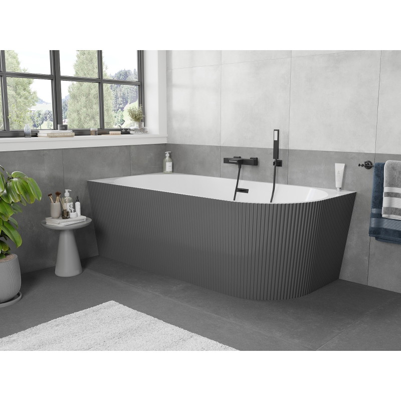 Mexen Silo wanna wolnostojąca narożna lewa ryflowana  150 x 75 cm, biała/szara, przelew czarny - 52891507562L-70