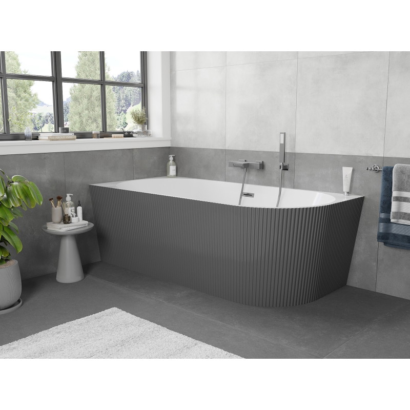 Mexen Silo wanna wolnostojąca narożna lewa ryflowana  150 x 75 cm, biała/szara, przelew gun metal - 52891507562L-95
