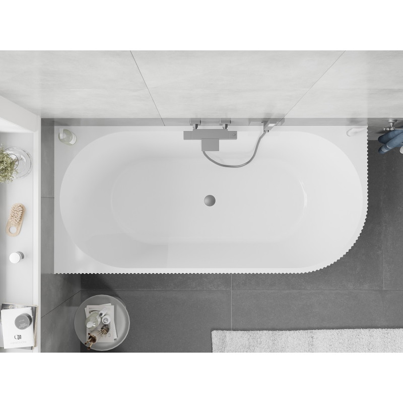 Mexen Silo wanna wolnostojąca narożna lewa ryflowana  150 x 75 cm, biała/szara, przelew gun metal - 52891507562L-95