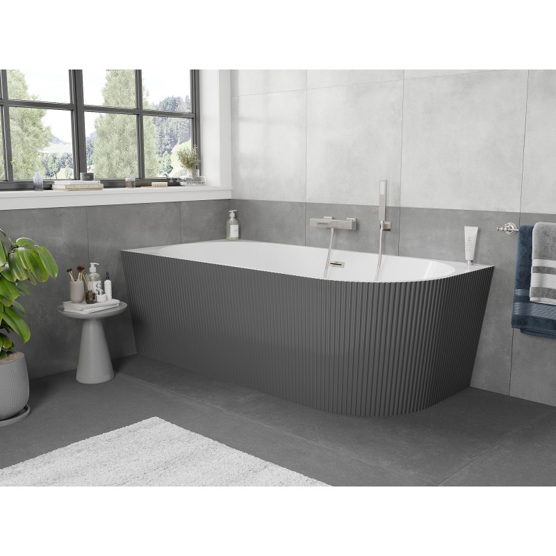 Mexen Silo wanna wolnostojąca narożna lewa ryflowana  150 x 75 cm, biała/szara, przelew nikiel szczotkowany - 52891507562L-97