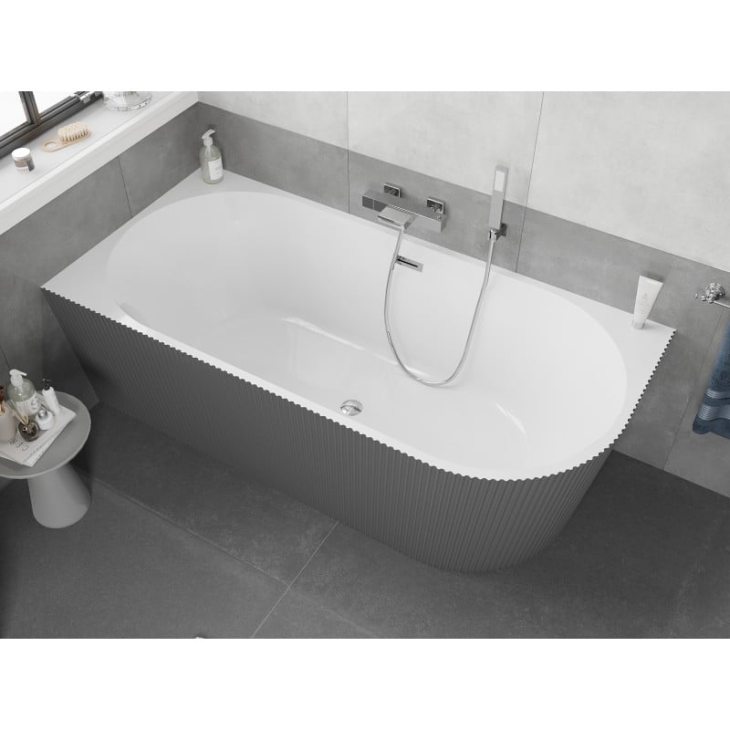 Mexen Silo wanna wolnostojąca narożna lewa ryflowana  170 x 80 cm, biała/szara, przelew chrom - 52891708062L-01