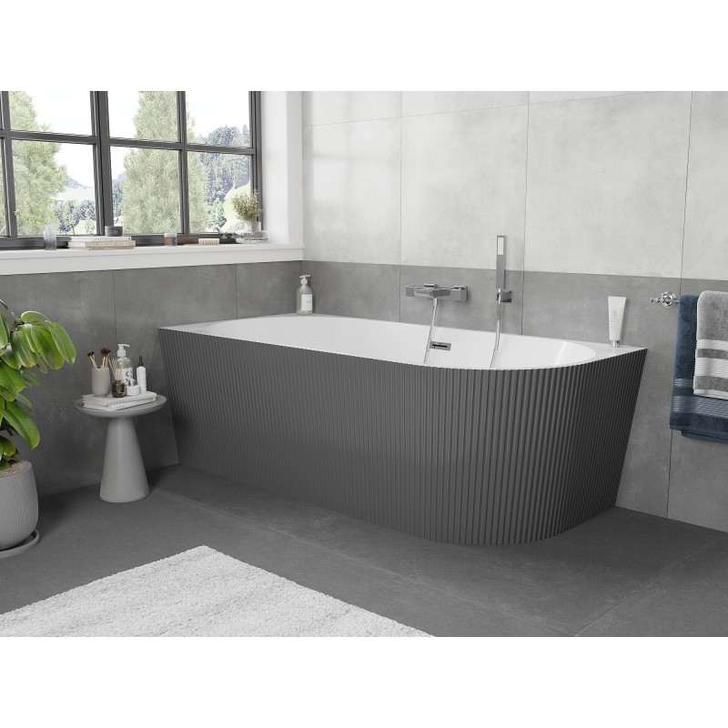 Mexen Silo wanna wolnostojąca narożna lewa ryflowana  170 x 80 cm, biała/szara, przelew chrom - 52891708062L-01