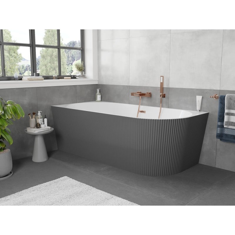 Mexen Silo wanna wolnostojąca narożna lewa ryflowana  170 x 80 cm, biała/szara, przelew miedź szczotkowana - 52891708062L-65