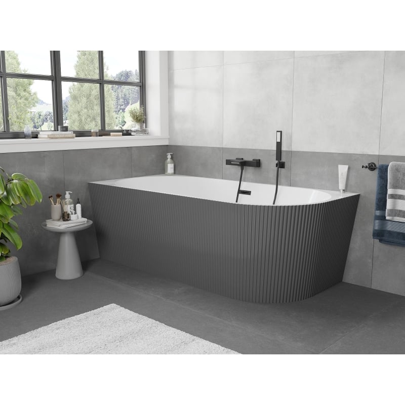 Mexen Silo wanna wolnostojąca narożna lewa ryflowana  170 x 80 cm, biała/szara, przelew czarny - 52891708062L-70