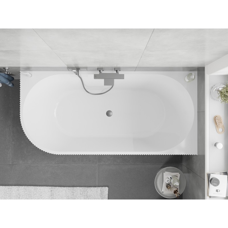 Mexen Silo wanna wolnostojąca narożna prawa ryflowana  150 x 75 cm, biała/szara, przelew gun gray szczotkowany - 52891507562P-66
