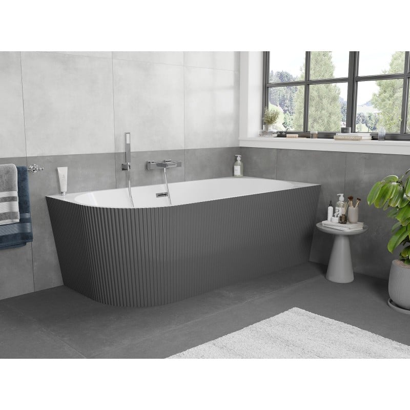 Mexen Silo wanna wolnostojąca narożna prawa ryflowana  170 x 80 cm, biała/szara, przelew chrom - 52891708062P-01