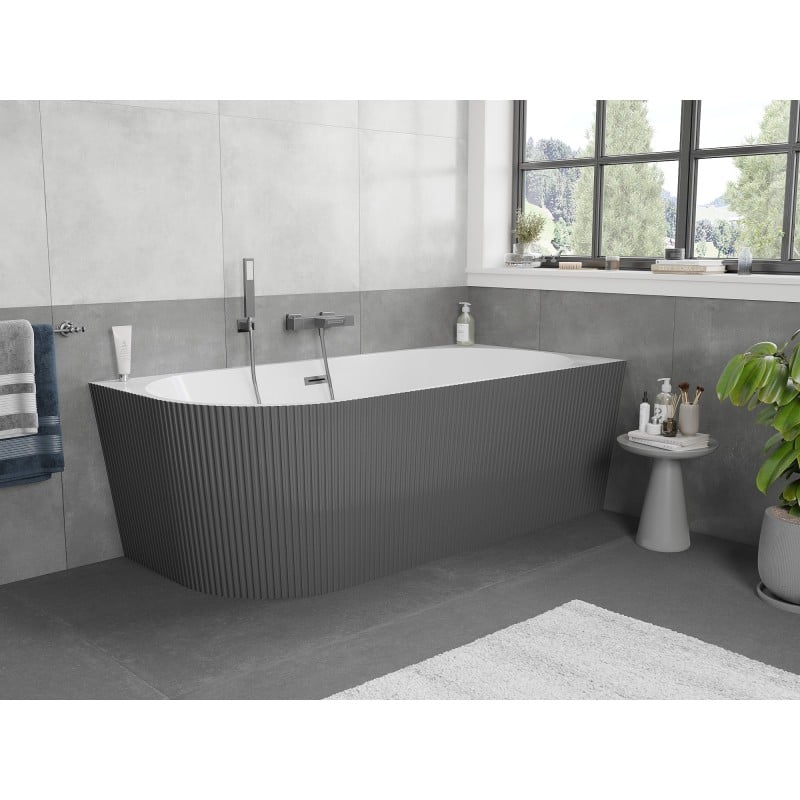 Mexen Silo wanna wolnostojąca narożna prawa ryflowana  170 x 80 cm, biała/szara, przelew gun gray szczotkowany - 52891708062P-66