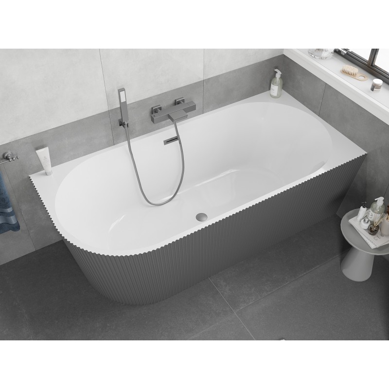 Mexen Silo wanna wolnostojąca narożna prawa ryflowana  170 x 80 cm, biała/szara, przelew gun metal - 52891708062P-95