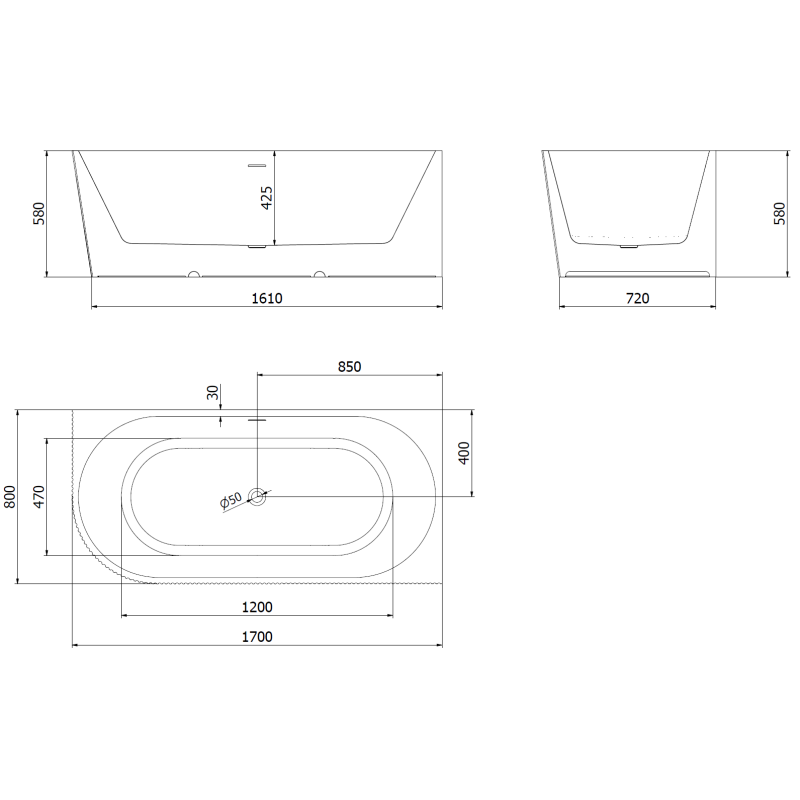 Mexen Silo wanna wolnostojąca narożna prawa ryflowana  170 x 80 cm, biała/szara, przelew nikiel szczotkowany - 52891708062P-97