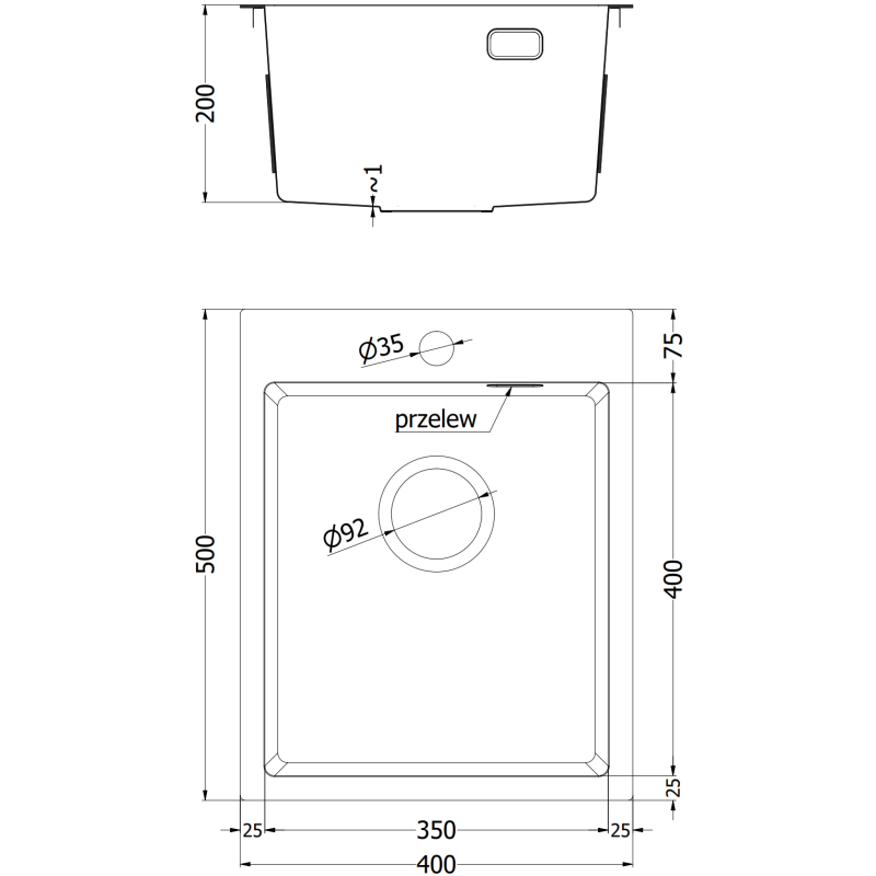 Mexen Solix zlewozmywak stalowy 1-komorowy 400 x 500 mm, czarny - 6406401000-70