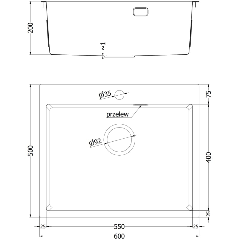Mexen Solix zlewozmywak stalowy 1-komorowy 600 x 500 mm, inox - 6408601000-01