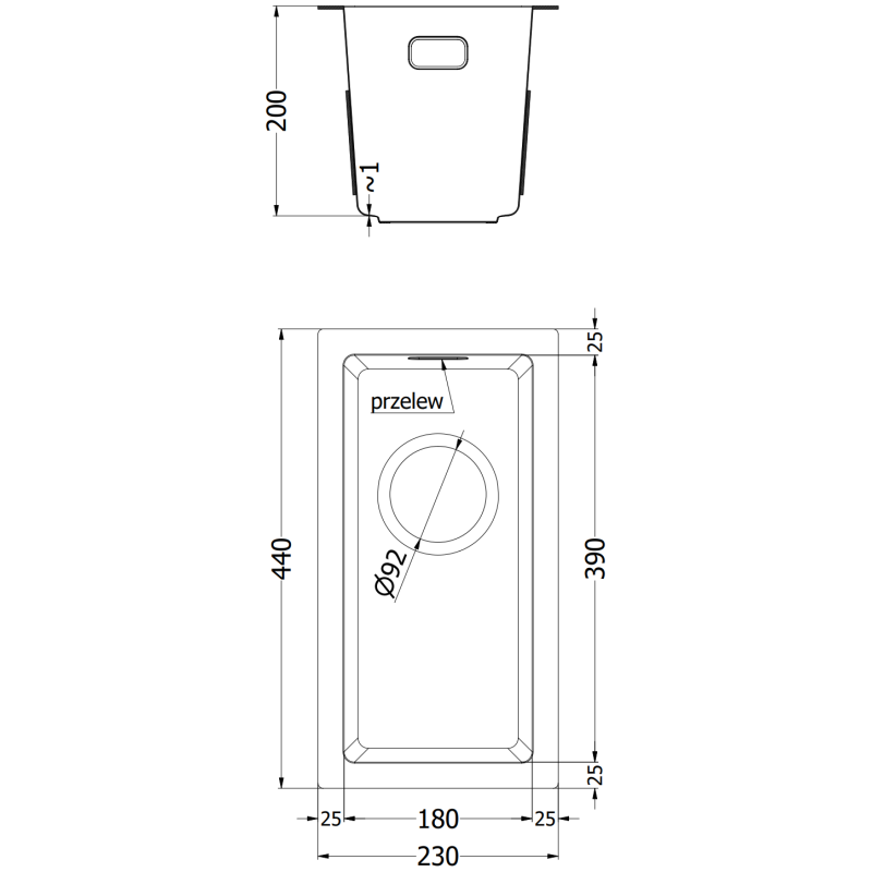 Mexen Trixo zlewozmywak stalowy 1-komorowy 230 x 440 mm, czarny - 6411221000-70