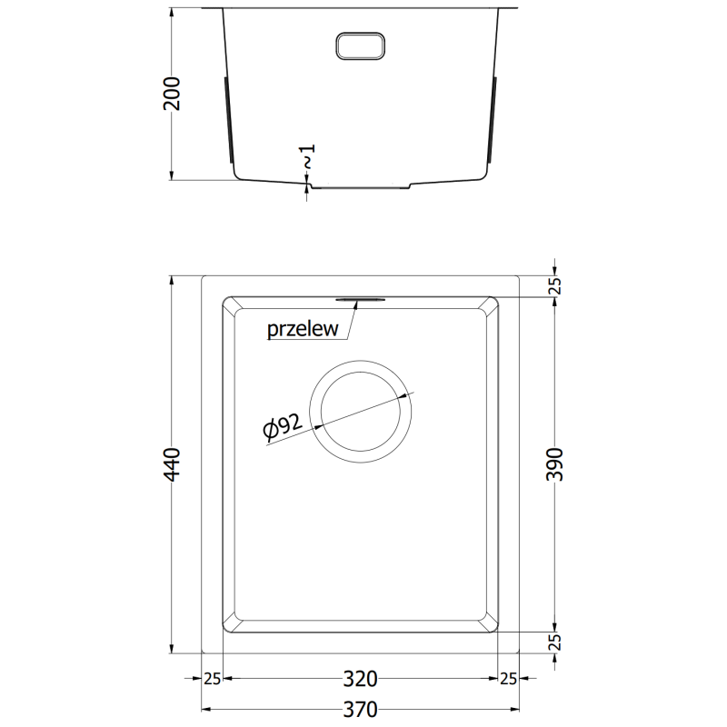 Mexen Trixo zlewozmywak stalowy 1-komorowy 370 x 440 mm, inox HC - 6412371000-01HC