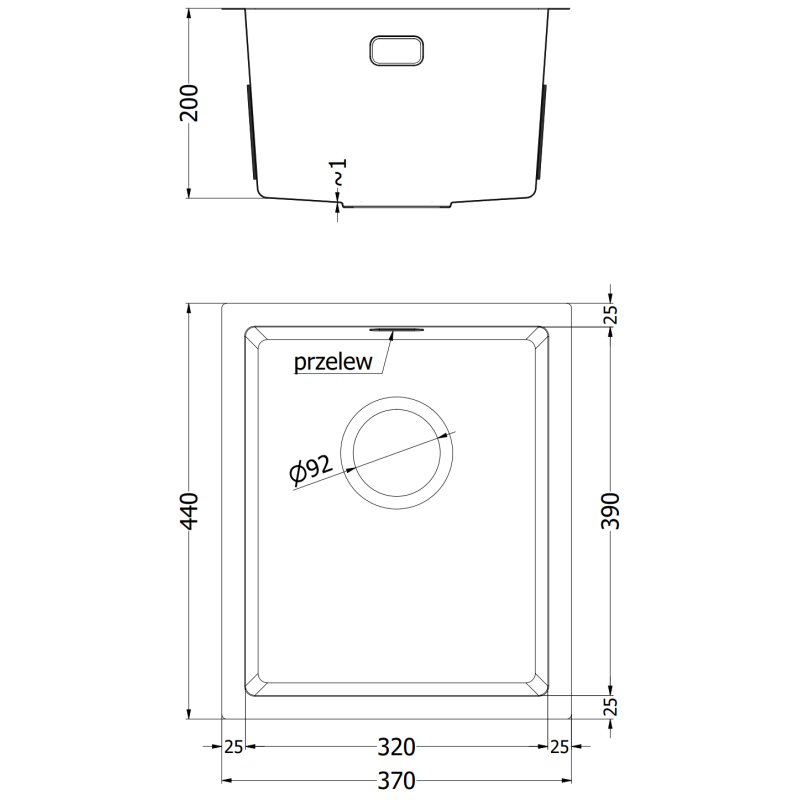 Mexen Trixo zlewozmywak stalowy 1-komorowy 370 x 440 mm, czarny HC - 6412371000-70HC