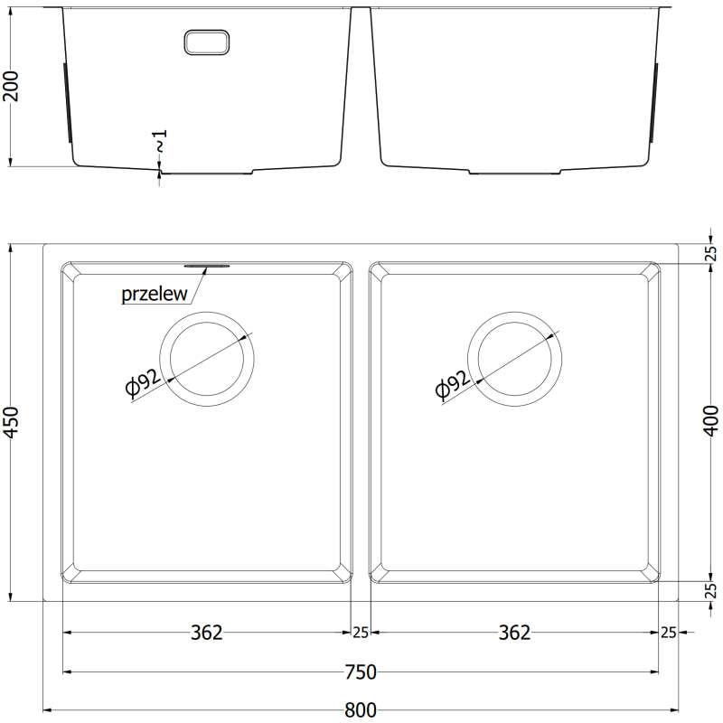 Mexen Binox zlewozmywak stalowy 2-komorowy 800 x 450 mm, czarny HC - 6421802000-70HC