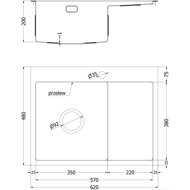 Mexen Exar zlewozmywak stalowy 1-komorowy z ociekaczem, prawy 620 x 480 mm, inox - 6432621005P-01