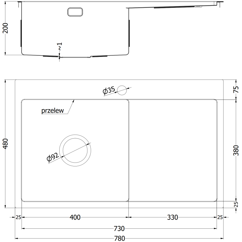 Mexen Exar zlewozmywak stalowy 1-komorowy z ociekaczem, prawy 780 x 480 mm, czarny HC - 6434781010P-70HC