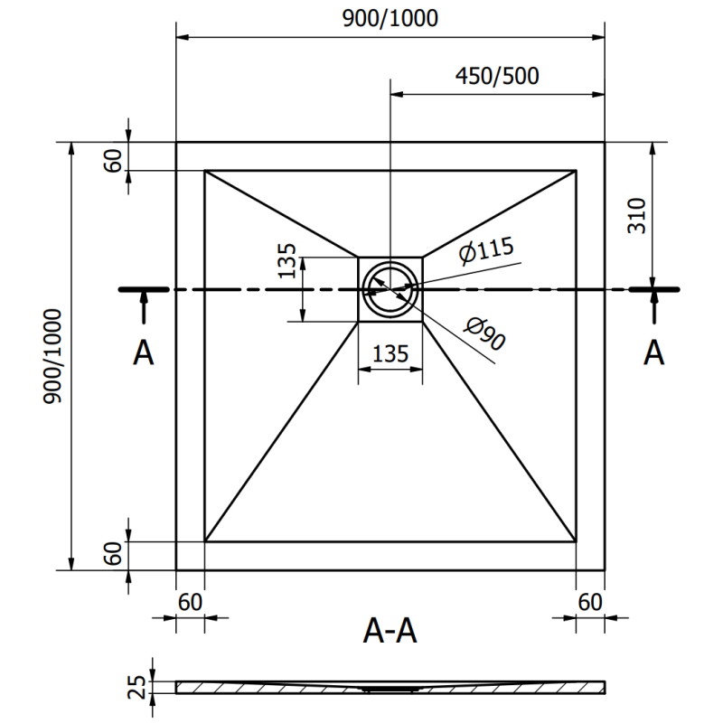 Mexen Stone+ brodzik kompozytowy kwadratowy 90 x 90 cm, czarny - 44709090