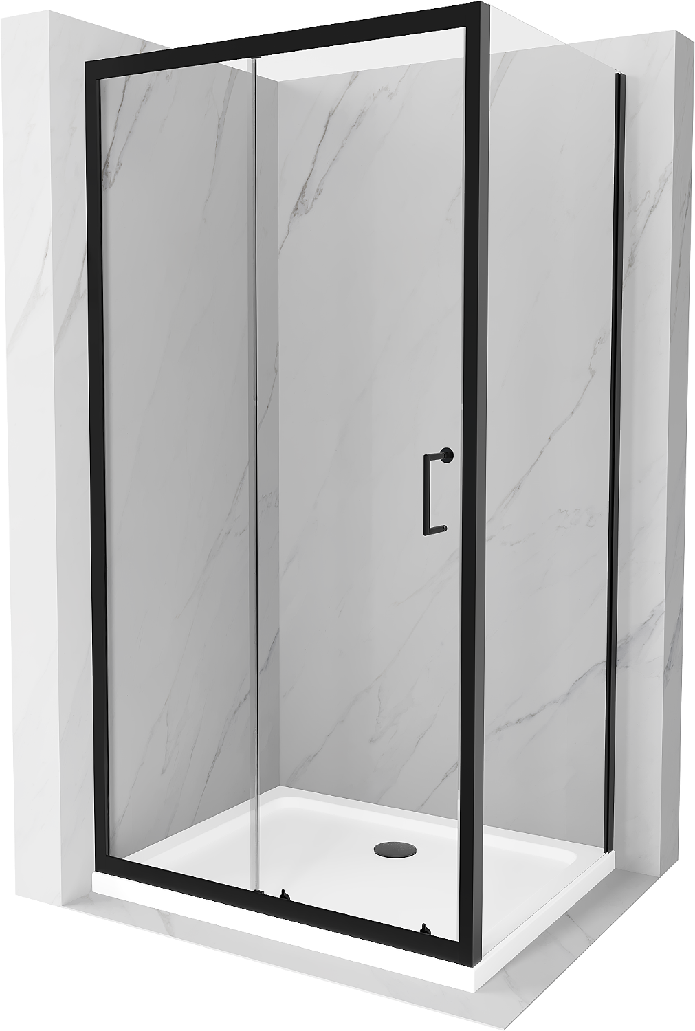 Mexen Apia kabina prysznicowa rozsuwana 100 x 70 cm, transparent, czarna + brodzik Flat, biały- 840-100-070-70-00-4010B