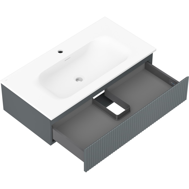 Mexen Rivel szafka łazienkowa 90 cm z umywalką Vela, 1 szuflada, ryflowana , grafit mat/biała mat - 91A20-09023-1-BF66-W23M01